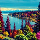 Vibrant Landscape with Serene Lake and Colorful Homes
