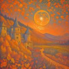 Serene Landscape with Trees and Orange Moonlight