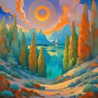 Serene Sunset Landscape with Lake and Silhouetted Trees