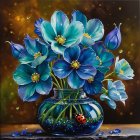 Vibrant Blue Flowers with Orange Centers in Glass Vase