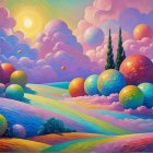 Vibrant Landscape of Lavender Hills and Quaint Houses