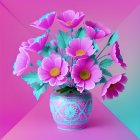 Knitted Flowers in Striped Pot with Colorful Background