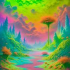 Surreal Landscape with Colorful Mountains and River