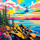 Vibrant Landscape with Surreal Lake and Mountains