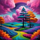 Vibrant Landscape with Colorful Trees and Cosmic Sky