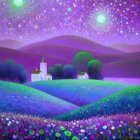 Surreal landscape with vibrant hills and cosmic sky