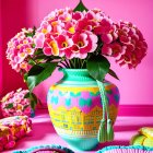 Vibrant Vase with Pink Flowers and Geometric Shapes