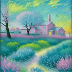 Surreal Landscape with Colorful Clouds and Houses