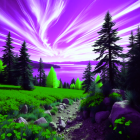 Vibrant Landscape with Purple Hills and Sunset Glow