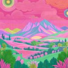Vibrant Surreal Landscape with Colorful Hills and Trees