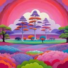 Whimsical Landscape with Colorful Castle and Rainbow