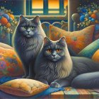 Gray Cats with Golden Eyes Among Colorful Cushions