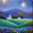 Vibrant Landscape with Colorful Hills and Celestial Sky