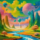 Vibrant Landscape with Rocks, River, and Balloons