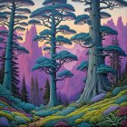 Vibrant Landscape with Stylized Trees and Twilight Sky