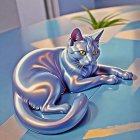 Sleek Cat with Iridescent Coat on Geometric Surface