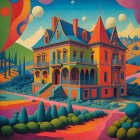 Whimsical Mansion with Bold Colors and Surreal Sky