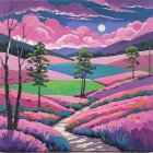 Vibrant Sunset Landscape with Lakes and Flowers