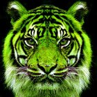 Surreal Tiger with Green Fur and Black Background