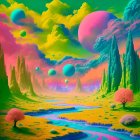 Surreal Landscape with Colorful Rocks and Balloons