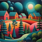 Surreal Landscape with Colorful Houses and Abstract Planets