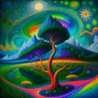 Vibrant Landscape with Whimsical Tree and Water Features