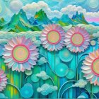 Vibrant Landscape with Oversized Stylized Sunflowers