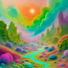 Surreal Landscape with Colorful Mountains and River