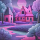 Whimsical Landscape with Pink Houses and Starry Sky