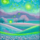 Vibrant landscape with hills, flowers, and mountains