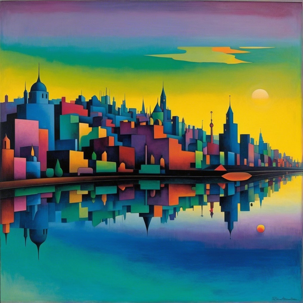 Vibrant Cityscape at Dusk with Colorful Reflections