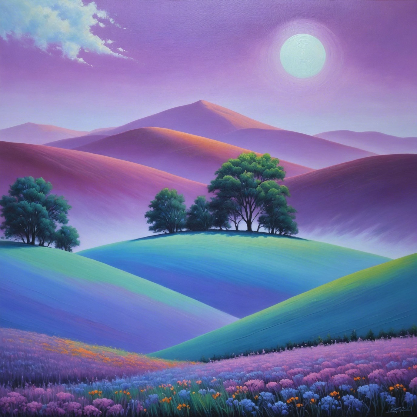 Vibrant Painting of a Fantastical Twilight Landscape