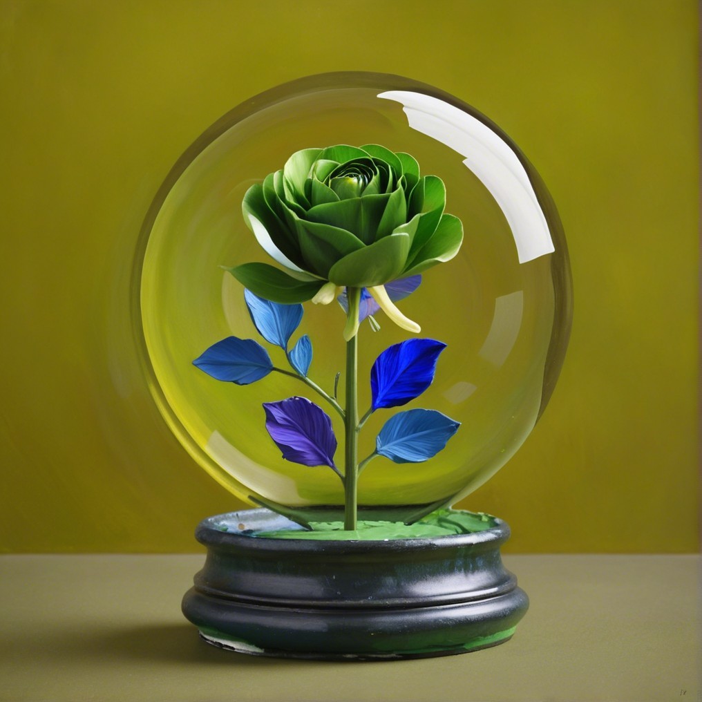Vibrant Green Rose in Glass Dome with Blue Leaves