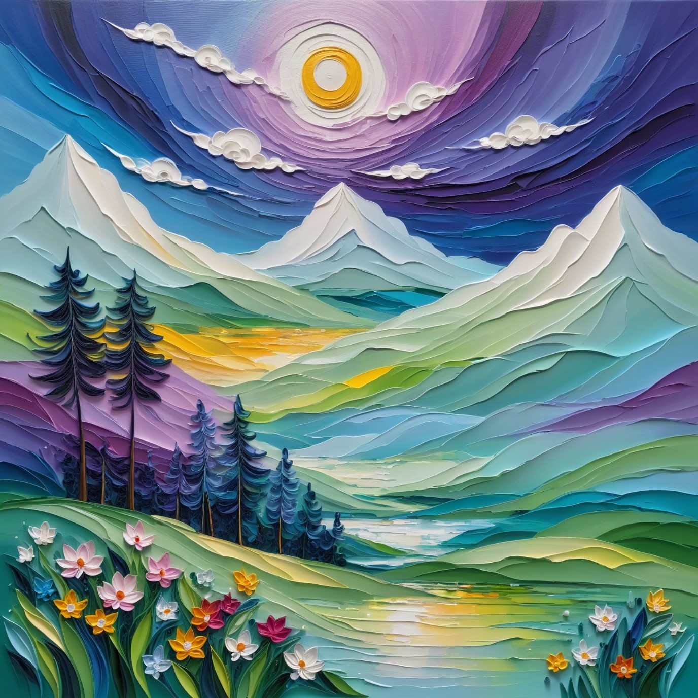 Vibrant Palette Knife Landscape with Flowers and Mountains