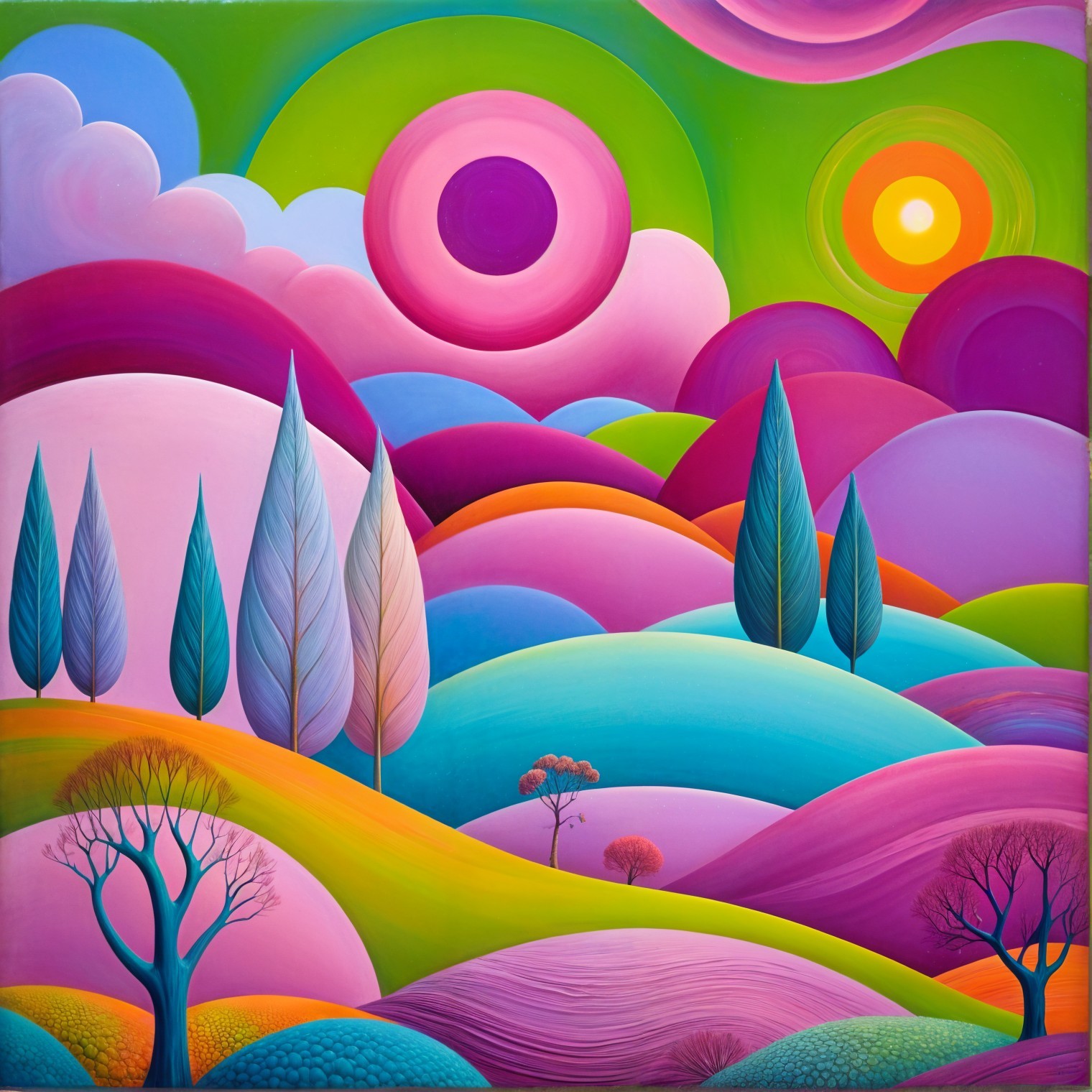 Surreal Vibrant Landscape with Colorful Hills and Sky