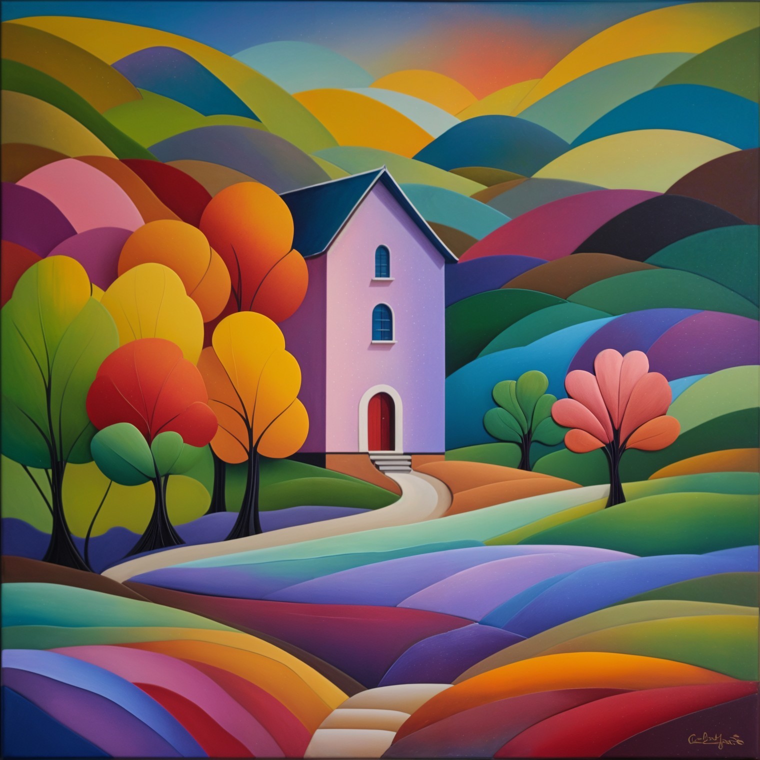 Whimsical Landscape with Vibrant Colors and Purple House