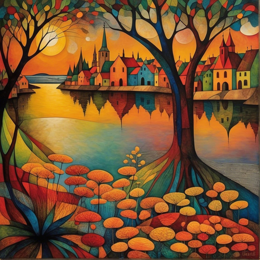 Vibrant Autumn Landscape with Tranquil Lake and Town