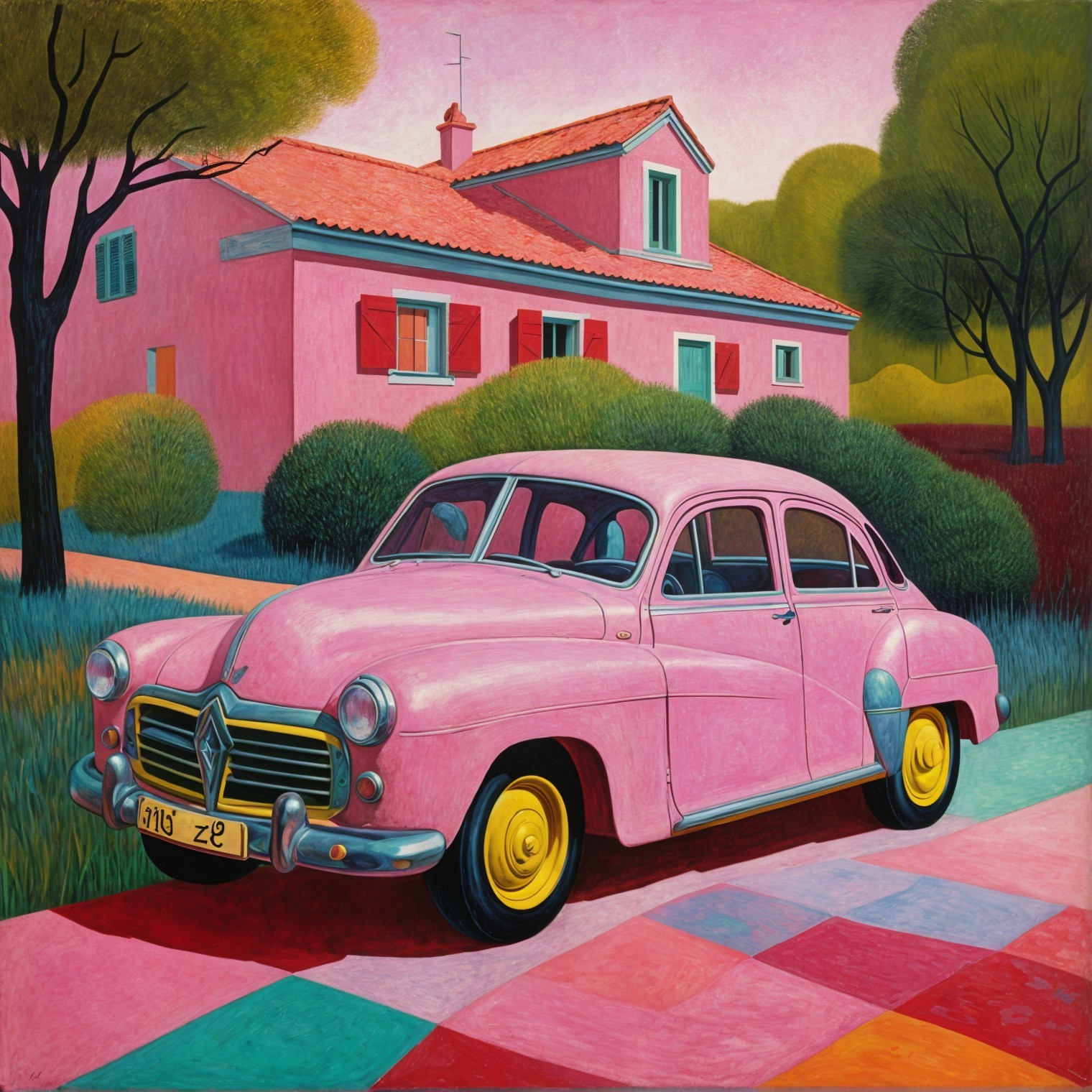 Vintage Pink Car by Quaint House with Red Roof