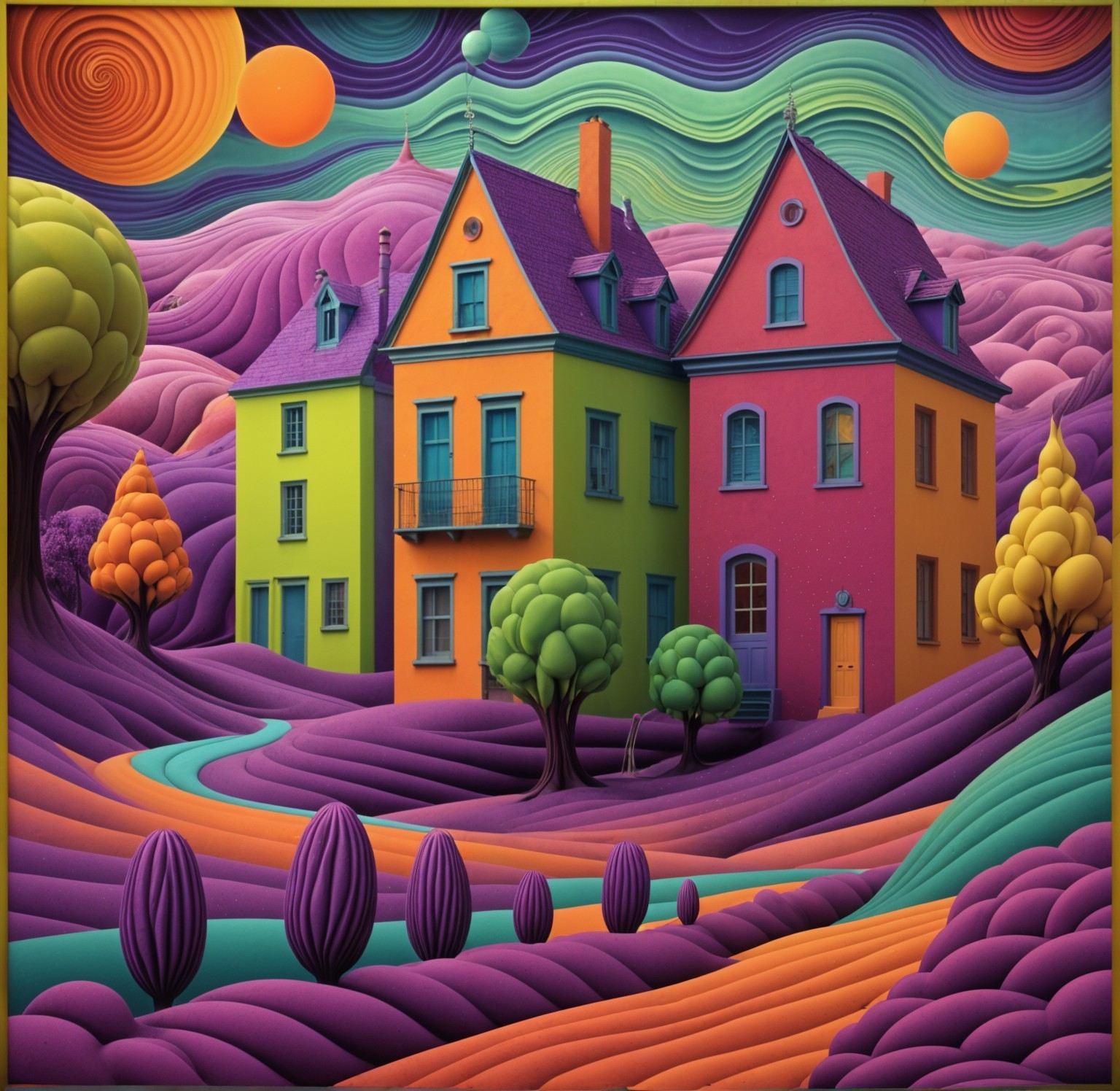 Surreal Landscape with Colorful House and Hills
