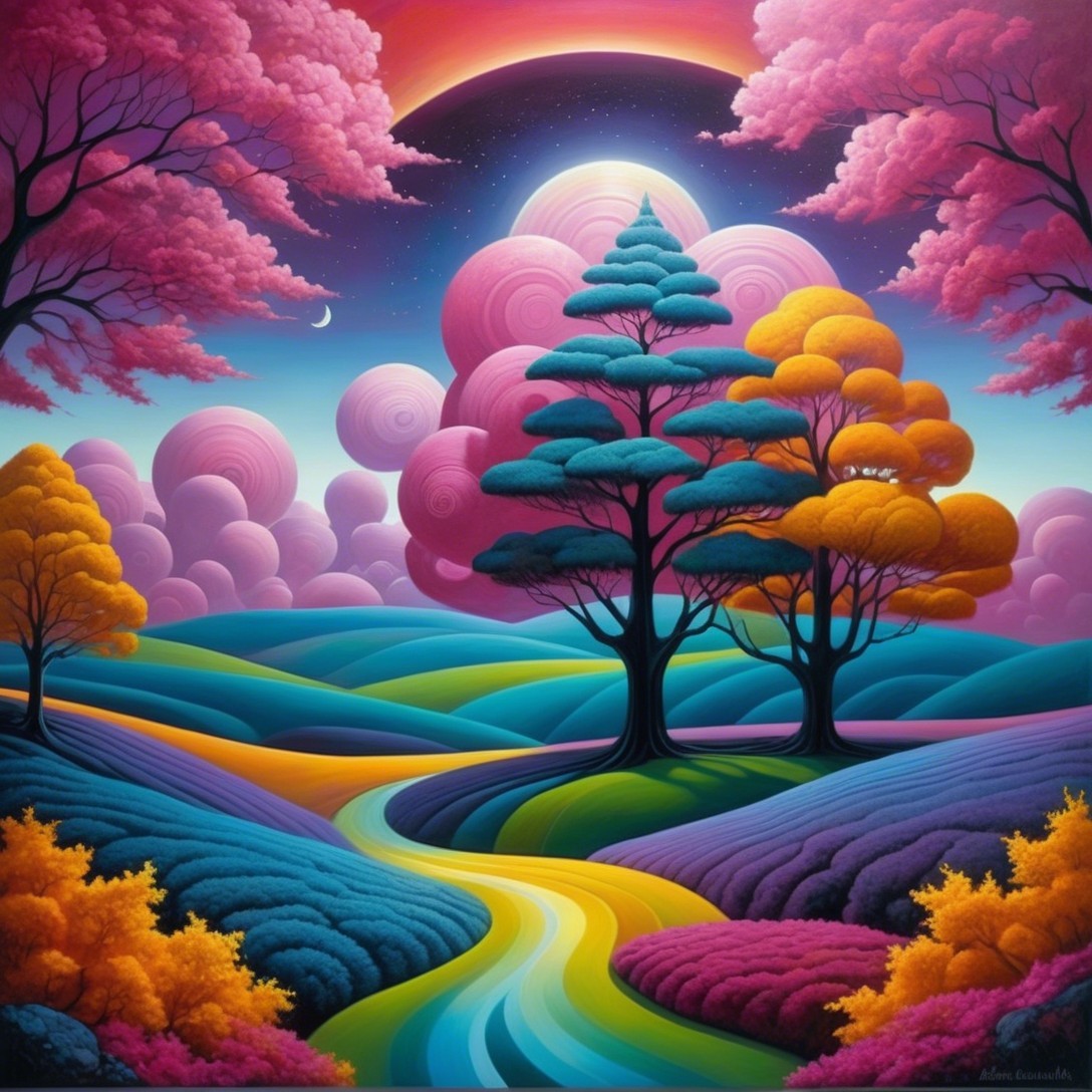 Surreal Landscape with Colorful Hills and Trees