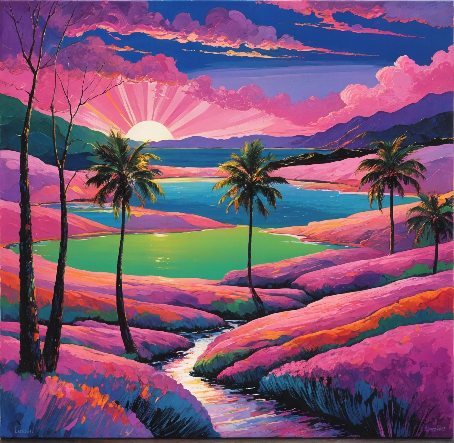 Vibrant Sunset Landscape with Lakes and Flowers
