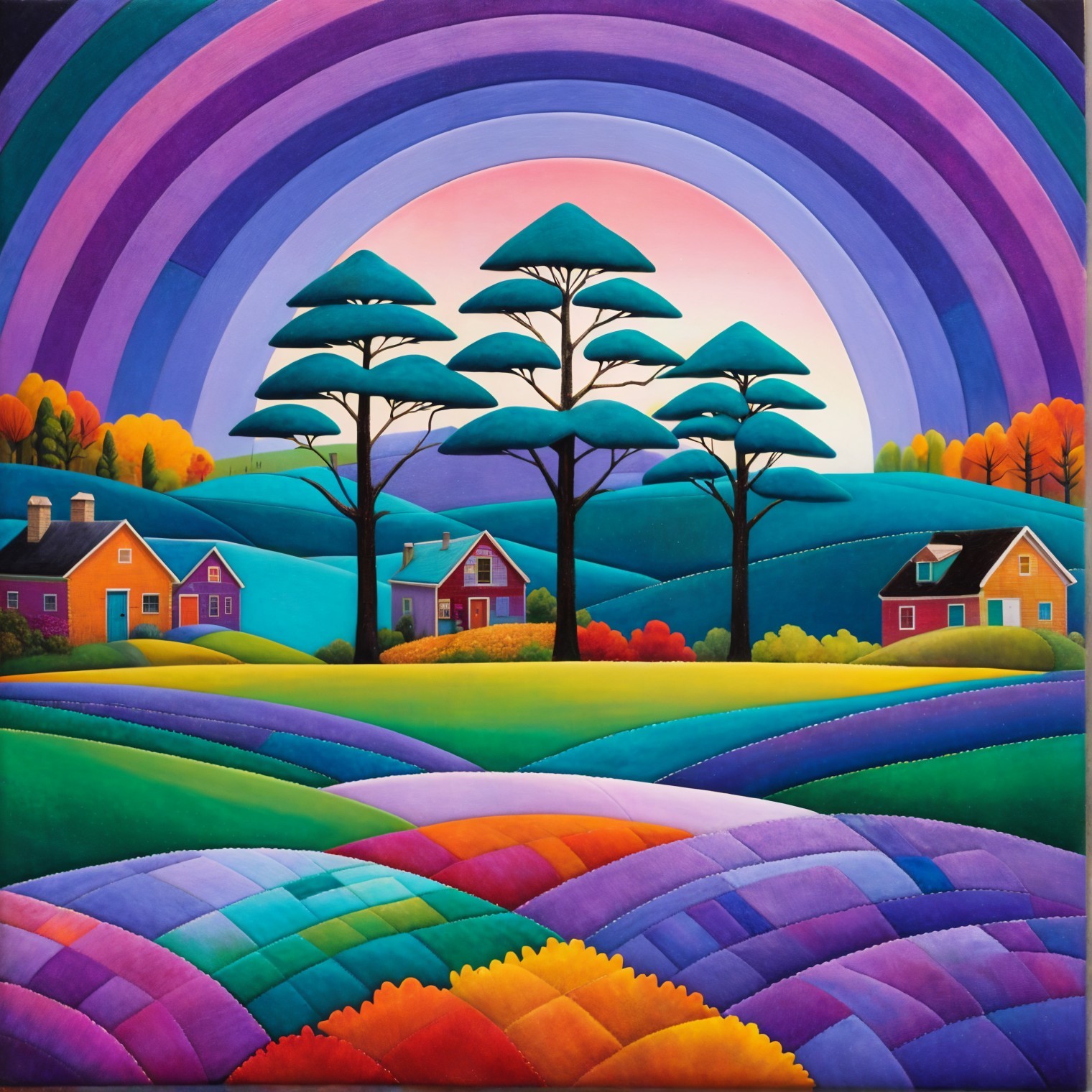 Vibrant Landscape with Colorful Hills and Trees