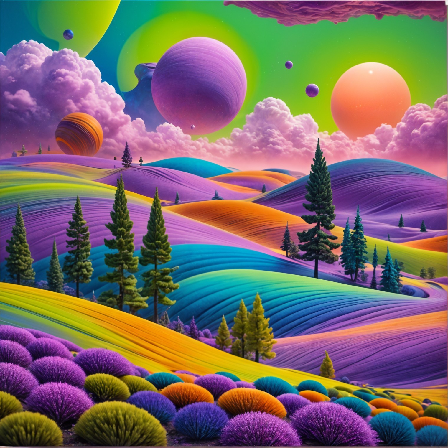 Vibrant Surreal Landscape with Colorful Celestial Bodies