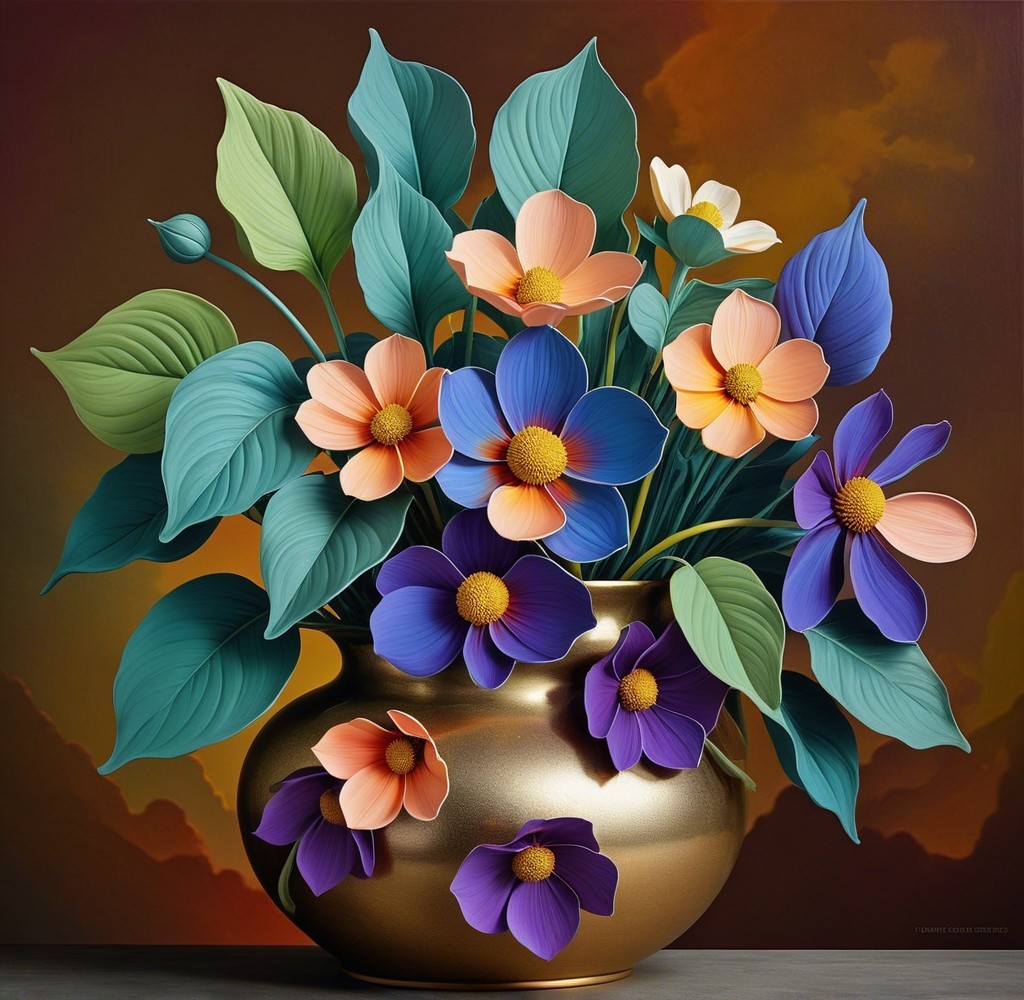 Vibrant Flower Bouquet in Golden Vase with Green Leaves