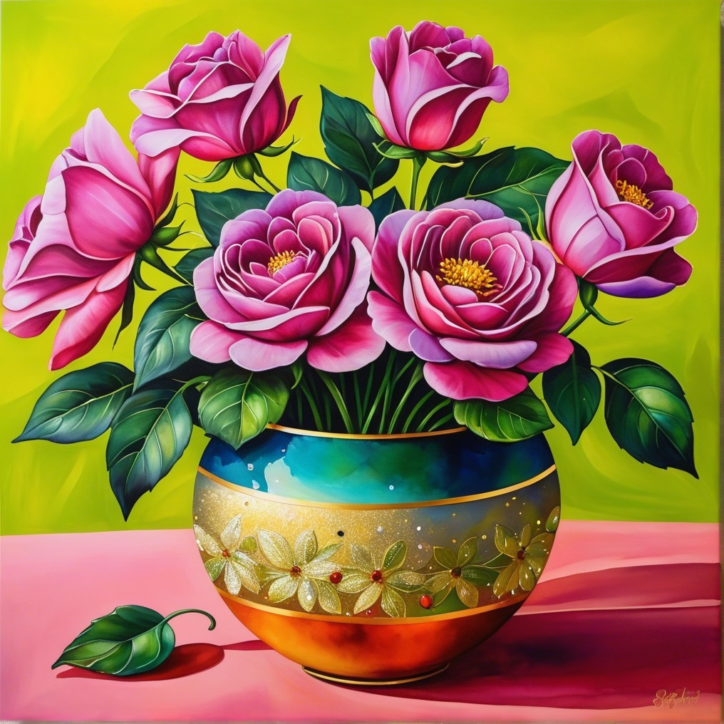 Vibrant Still Life of Pink Roses in Colorful Vase