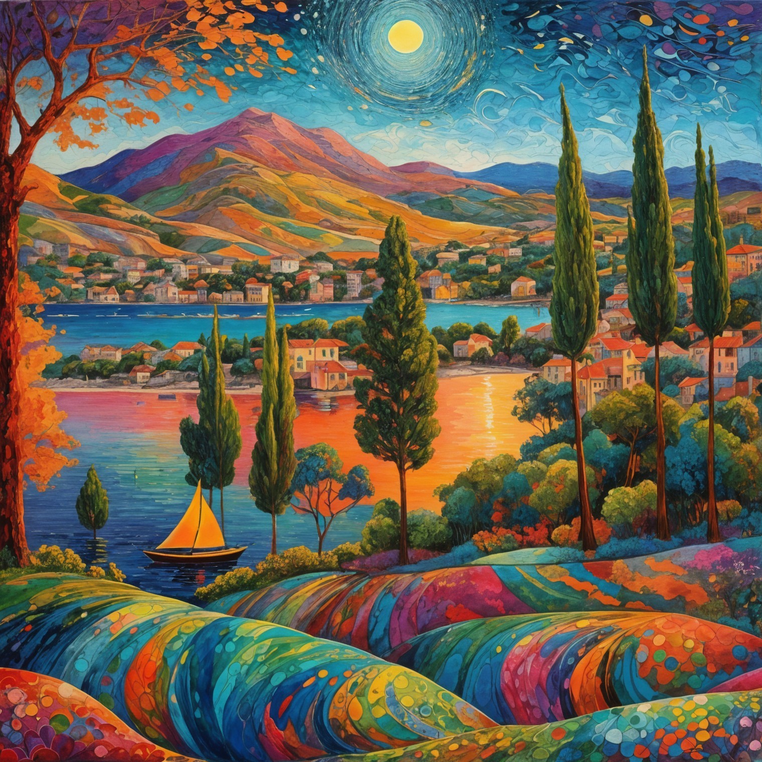Vibrant Landscape with Sunset Over Serene Lake