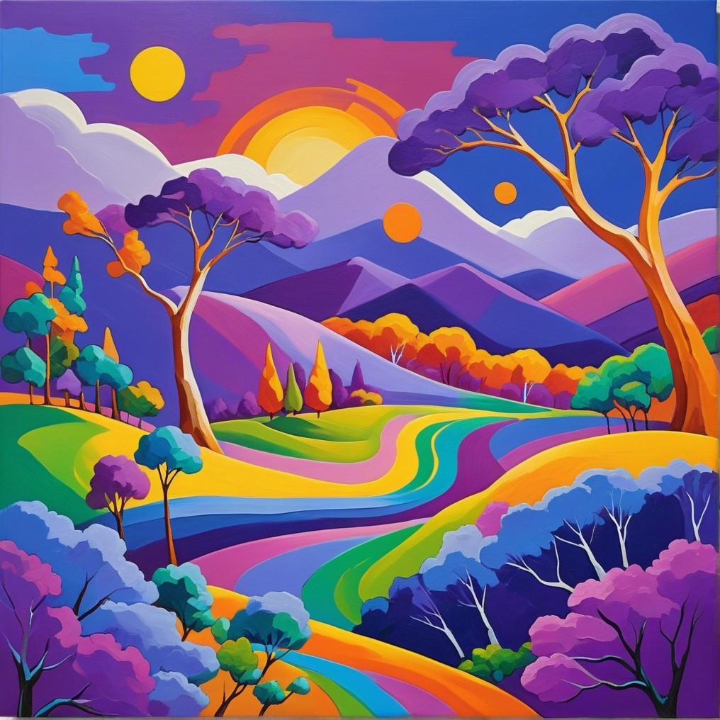 Vibrant Abstract Landscape with Colorful Hills and Sky