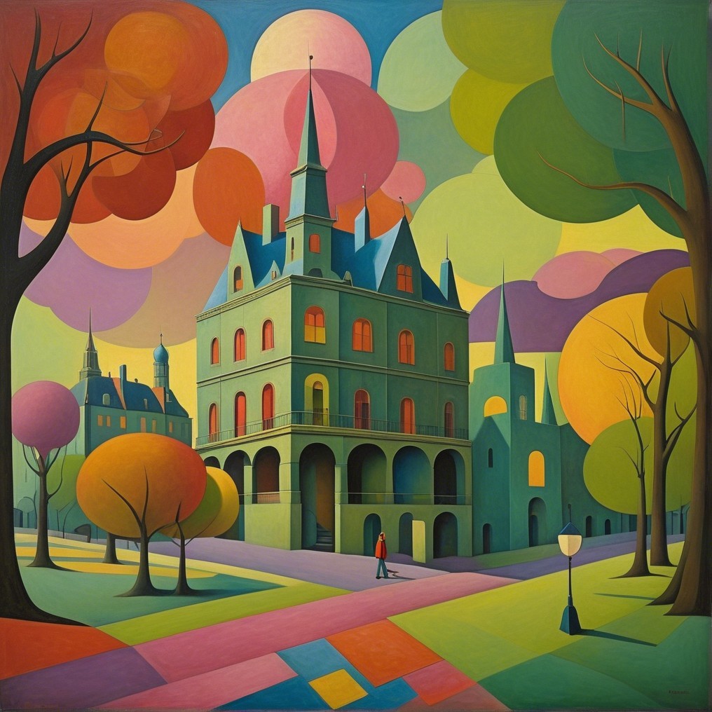 Whimsical Landscape with Vibrant Castle and Trees