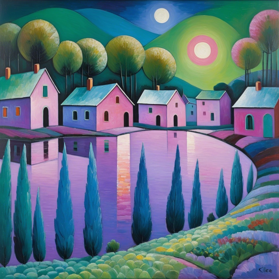 Vibrant Abstract Landscape with Charming Houses and Lake
