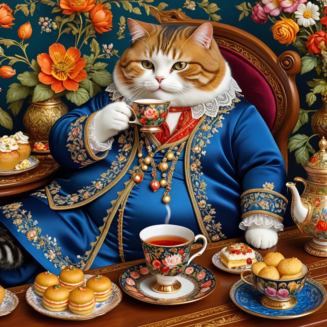 Regal Cat in Blue Coat at Lavish Tea Party